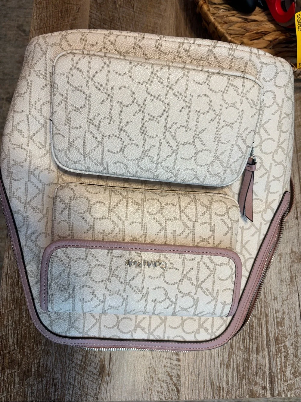 Calvin Klein Cream Canvas Backpack with Pink Trim